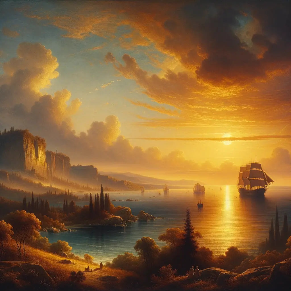 A serene sunset over a calm sea, symbolizing stoic acceptance and tranquility of death, in the style of 1960s historical epic paintings.