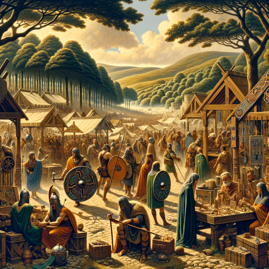 Bustling Gallic market with Celtic warriors, artisans, and leaders amid an ancient landscape, reminiscent of 1960s historical epics.