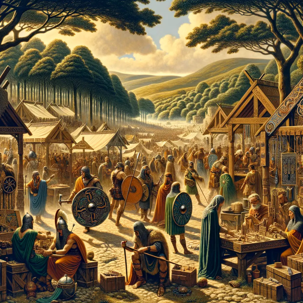 Bustling Gallic market with Celtic warriors, artisans, and leaders amid an ancient landscape, reminiscent of 1960s historical epics.