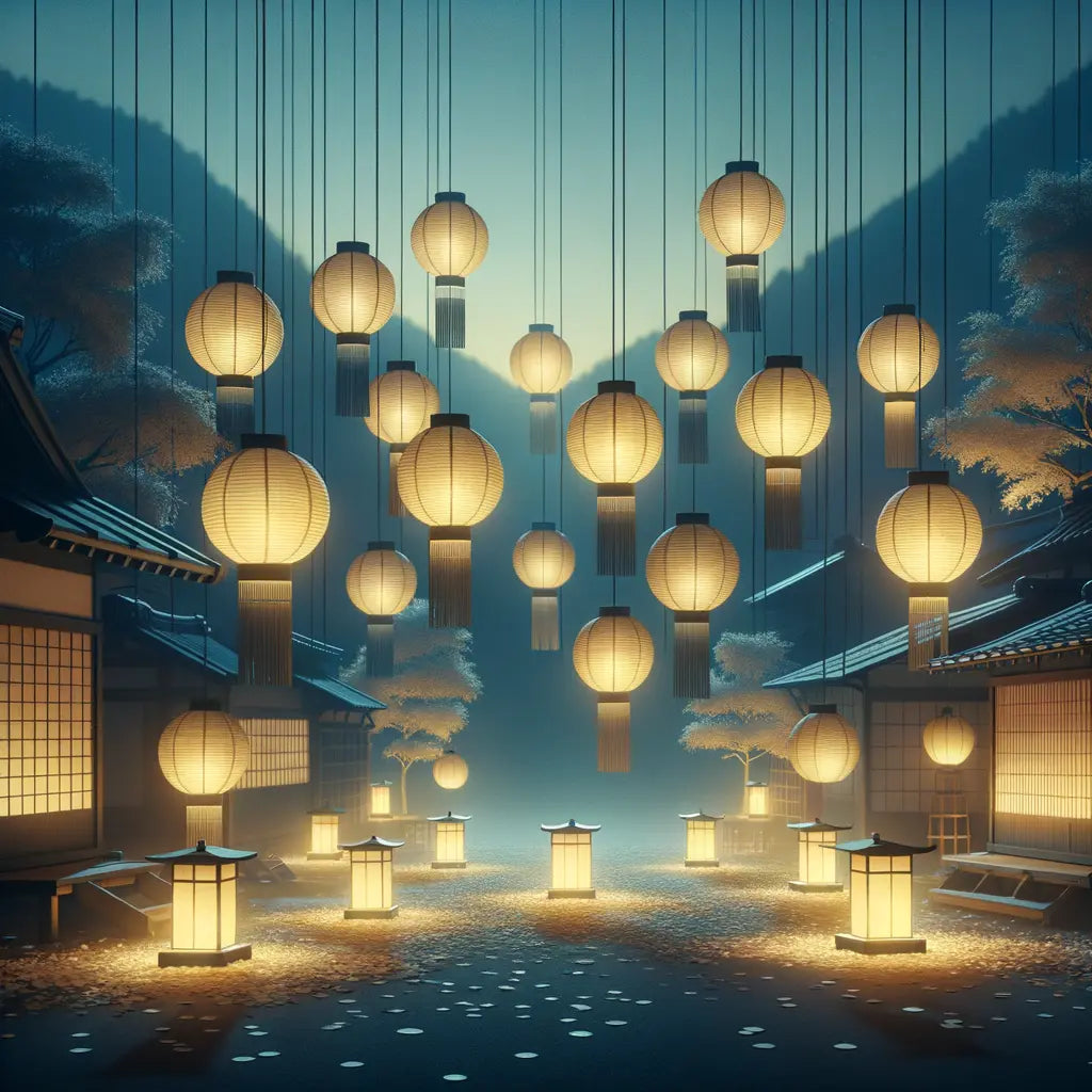 Ein ruhiges japanisches Fest mit sanft leuchtenden Laternen, die spirituelle Einsicht und kulturelle Tradition symbolisieren.