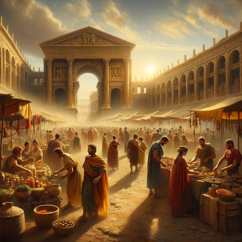 Vibrant Roman market scene with colorful stalls and animated citizens, capturing the sensory experience described by Epictetus, styled like a classic 1960s historical epic.