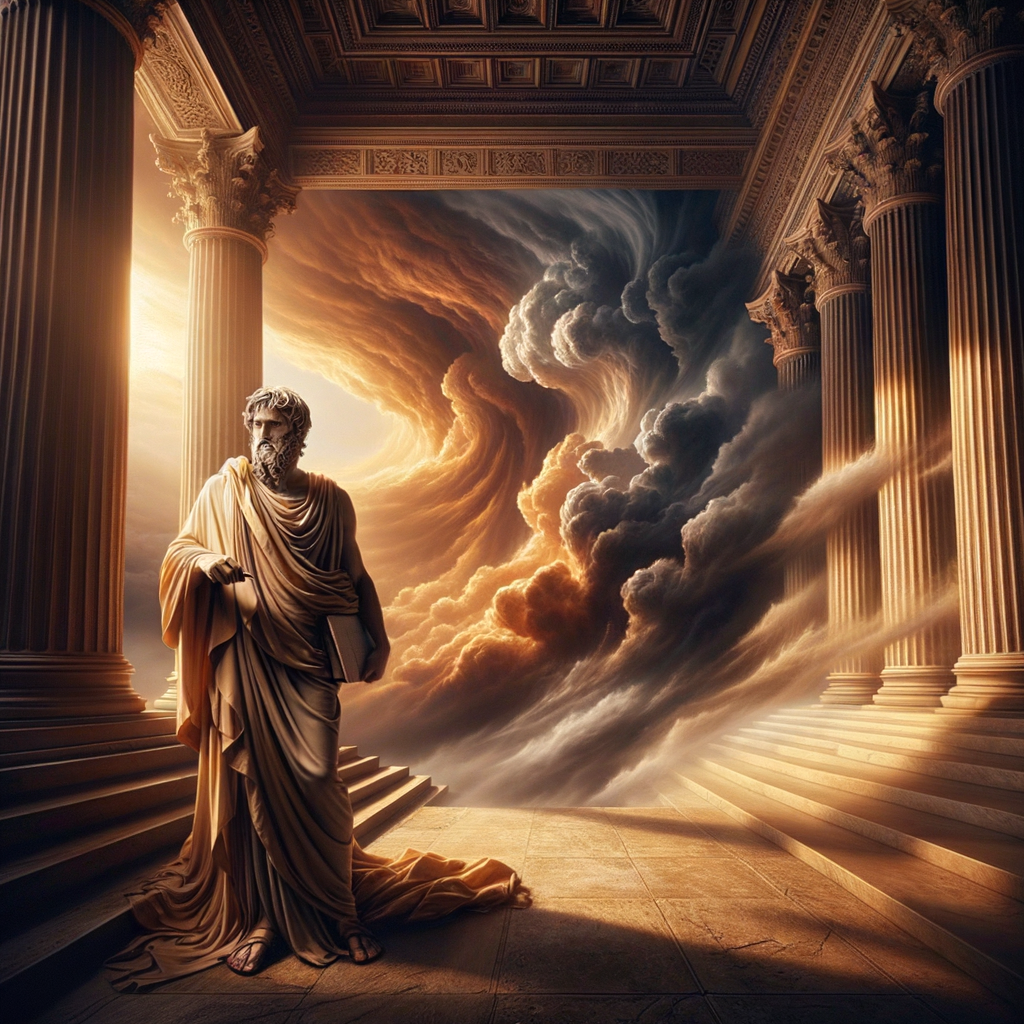Epictetus standing serenely amidst a storm, embodying peace and wisdom, with dramatic storm clouds swirling in the background, styled like 1960s historical films.