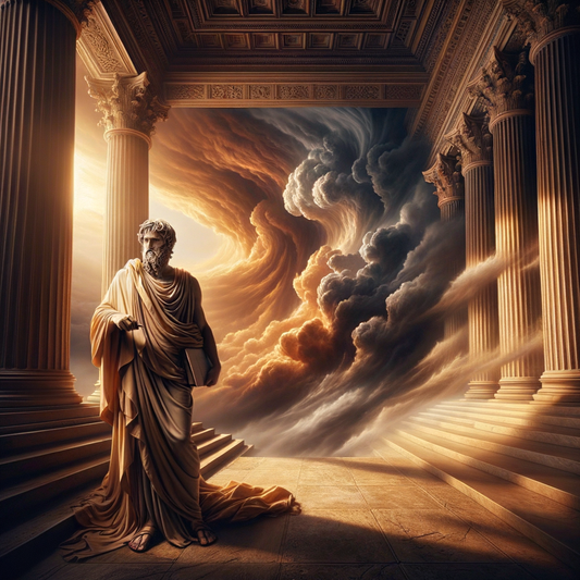 Epictetus standing serenely amidst a storm, embodying peace and wisdom, with dramatic storm clouds swirling in the background, styled like 1960s historical films.