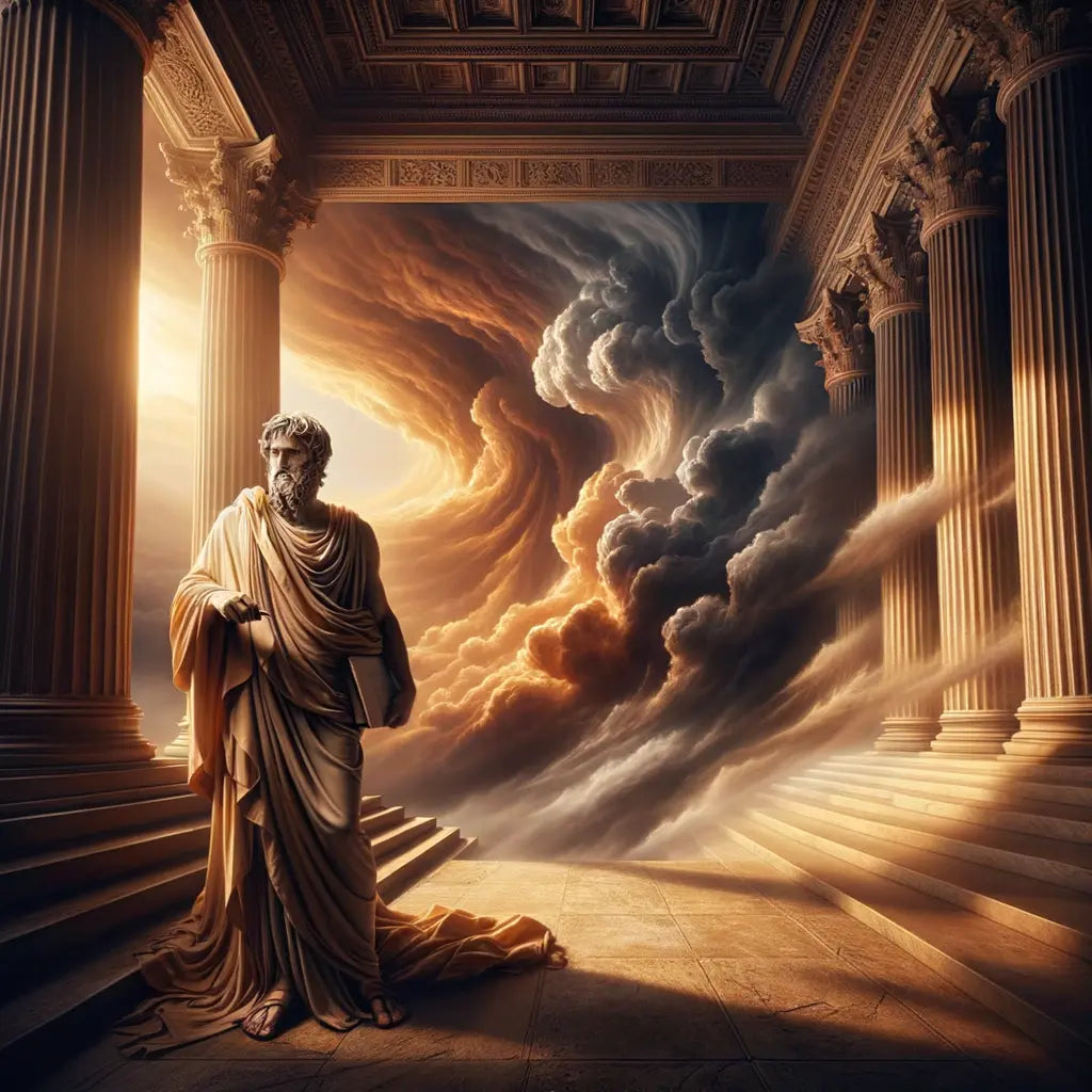 Epictetus standing serenely amidst a storm, embodying peace and wisdom, with dramatic storm clouds swirling in the background, styled like 1960s historical films.