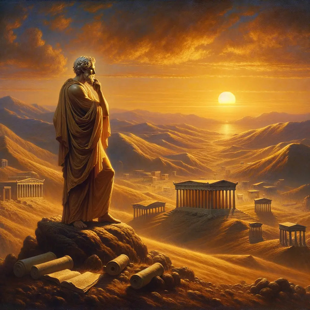 Ancient Greek philosopher resembling Epictetus gazes at a sunset, symbolizing life's cycles, in a cinematic style.