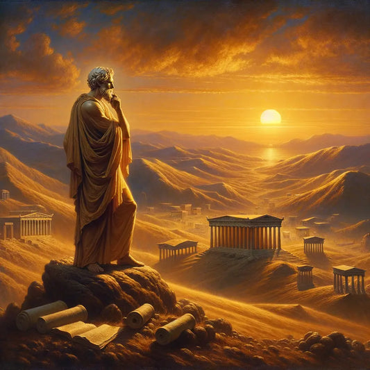 Ancient Greek philosopher resembling Epictetus gazes at a sunset, symbolizing life's cycles, in a cinematic style.
