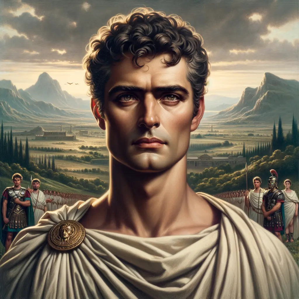 Julius Caesar depicted on a hill in Gaul, wearing a toga and flanked by soldiers against a natural backdrop.