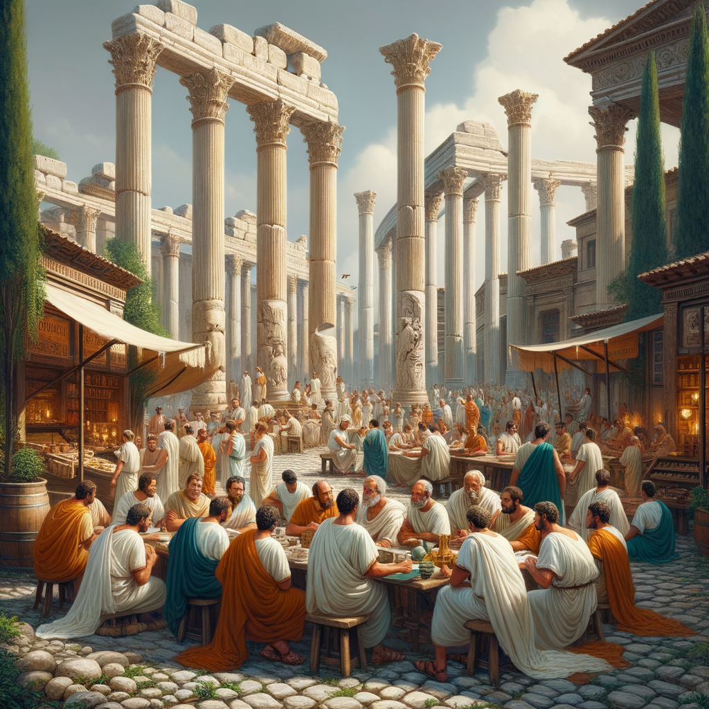 A picturesque depiction of a Roman street scene showcasing classic architecture and daily life.