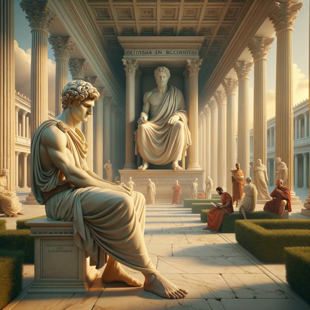 A serene Roman philosopher sits contemplating life, with a bust of Marcus Aurelius in the background, in a setting reminiscent of classic 1960s historical films.