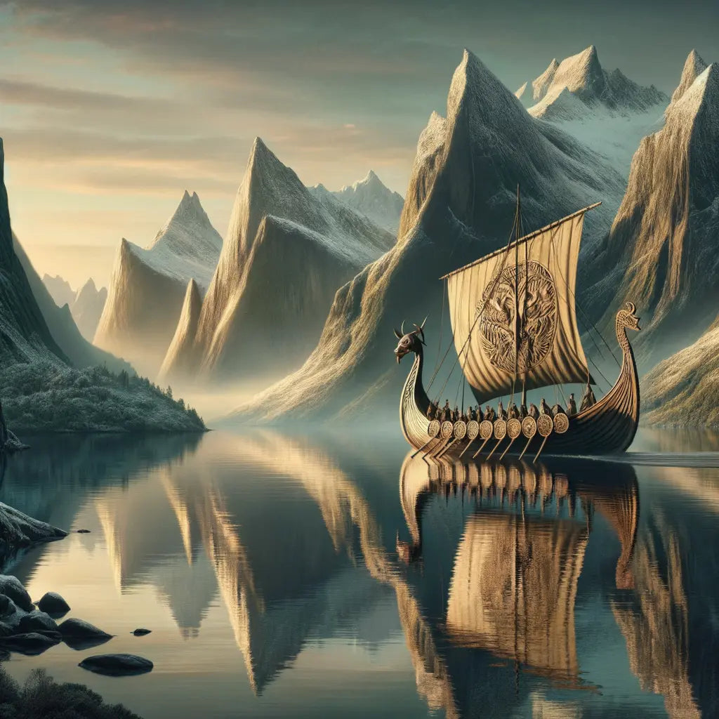 Nordic fjord with snow-capped mountains and a Viking longship, in a cinematic 1960s historical film style.