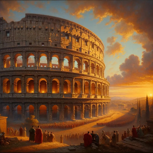 The Colosseum at sunset with SPQR etched into its stones, surrounded by Roman citizens and soldiers, in a 1960s historical film style.