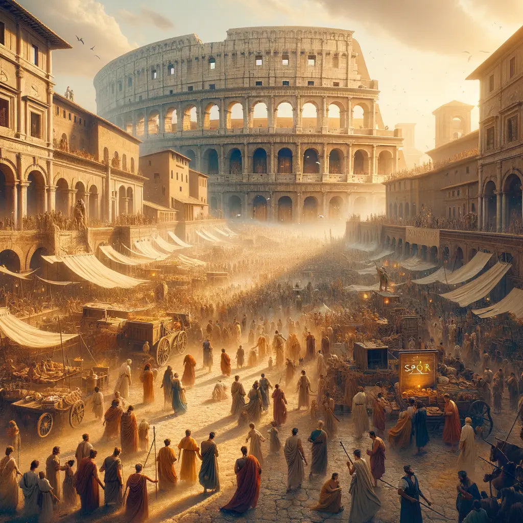 Bustling Roman street scene with the Colosseum in the background and SPQR on structures, in the style of 1960s historical epics.