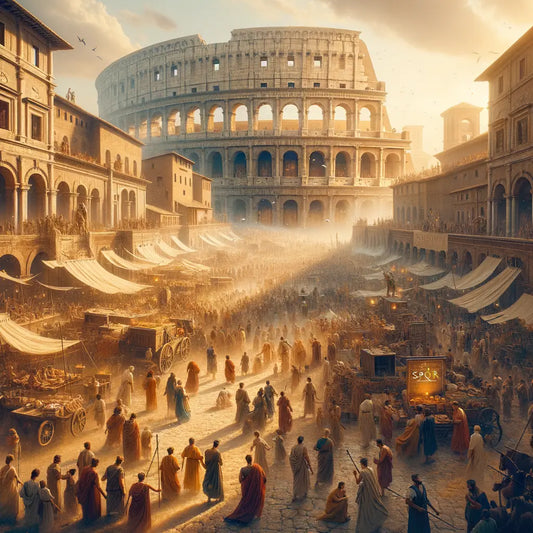 Bustling Roman street scene with the Colosseum in the background and SPQR on structures, in the style of 1960s historical epics.
