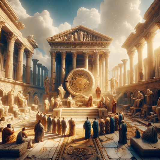 Ancient Roman relics with the SPQR inscription under a bright sky, styled like 1960s historical epic films.