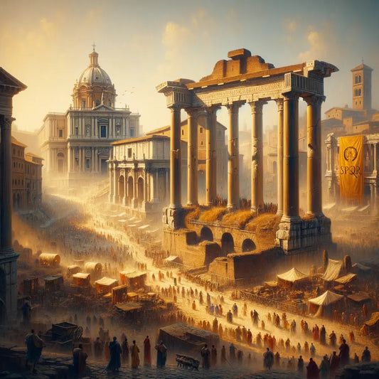 Ancient Rome with grand architecture and an SPQR banner, inspired by 1960s historical epics.