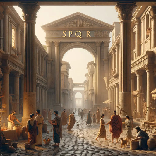 An ancient Roman street with cobblestones and towering public buildings marked with SPQR, evoking classic 1960s historical epic films.