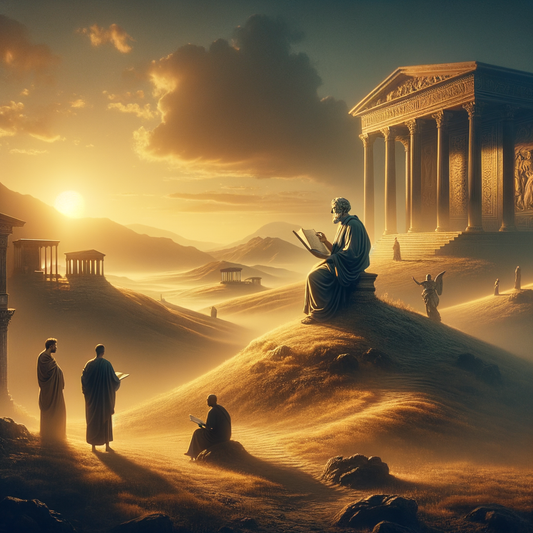 Serene Roman landscape with a philosopher in a toga, symbolizing Stoic wisdom, against a backdrop of ancient architecture and rolling hills, inspired by 1960s historical epics.