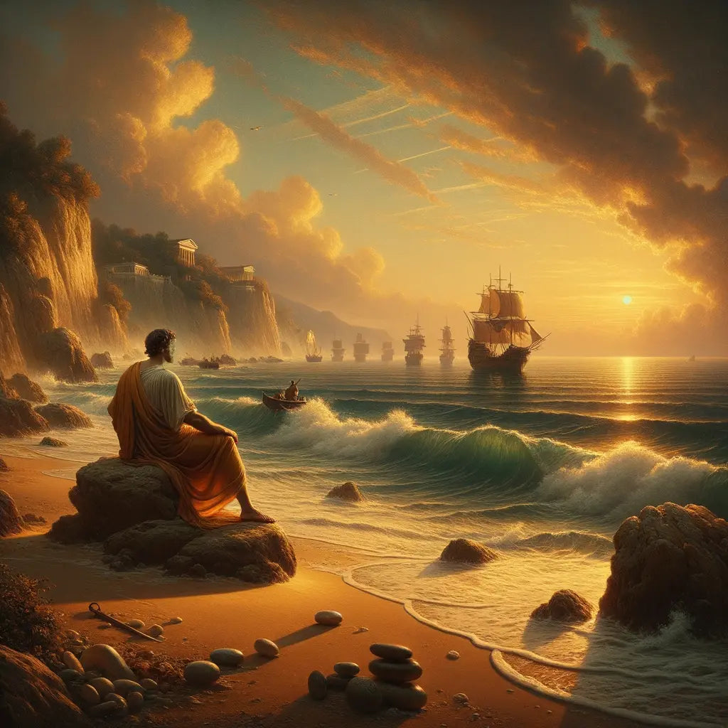 A lone Roman figure meditating on a tranquil beach at sunset, portraying Stoic reflection in a cinematic style reminiscent of 1960s historical films.