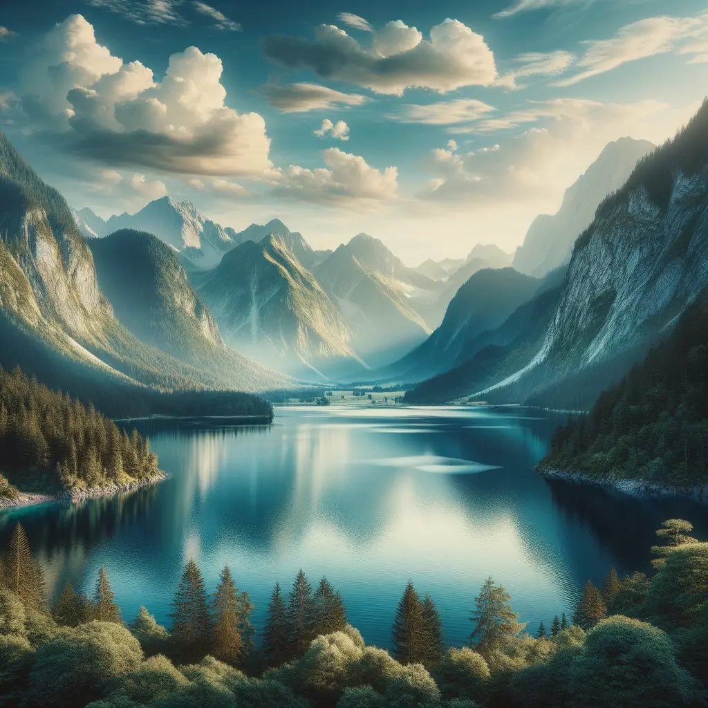 A calm lake reflecting mountains and a clear sky.