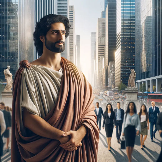 An ancient Greek philosopher in a toga stands amidst a modern city street, symbolizing the blend of classic Stoic philosophy and present-day urban life.