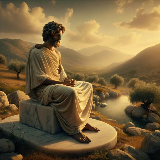 Ancient Greek philosopher meditating in a tranquil landscape with olive trees, exuding inner peace, in the style of 1960s historical epics.