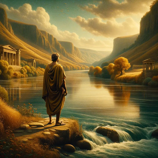 A Roman figure in a toga stands by a flowing river, symbolizing the journey of life in a serene historical epic style.