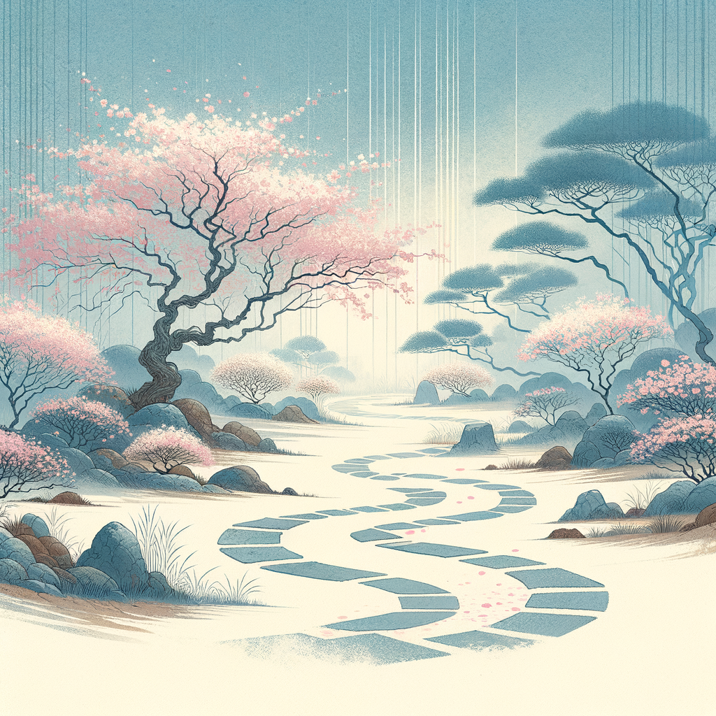 Ein minimaler japanischer Park mit blauen Himmel und Wege mit rosa Kirschblütenblättern bedeckt, friedlich und kontemplativ.