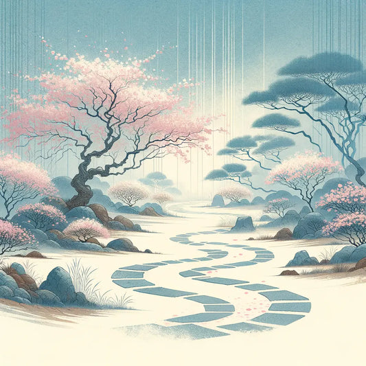 Ein minimaler japanischer Park mit blauen Himmel und Wege mit rosa Kirschblütenblättern bedeckt, friedlich und kontemplativ.