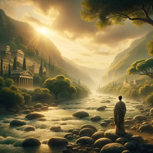 Serene Roman river landscape symbolizing Stoic philosophy, with gentle water flowing over rocks, in a classic 1960s historical film style.
