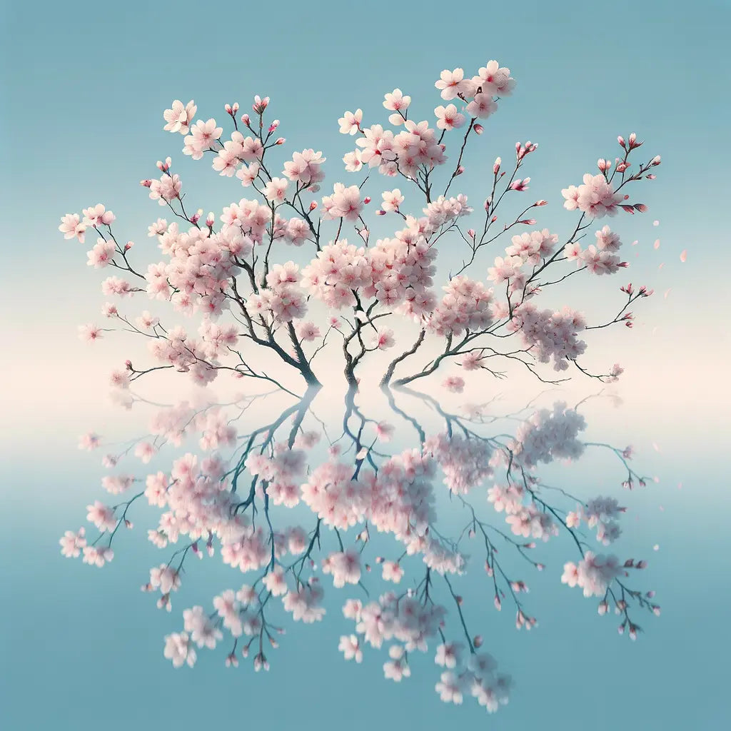Kirschblüten in voller Blüte unter klarem blauem Himmel, eine friedliche und spirituelle Atmosphäre ausstrahlend.