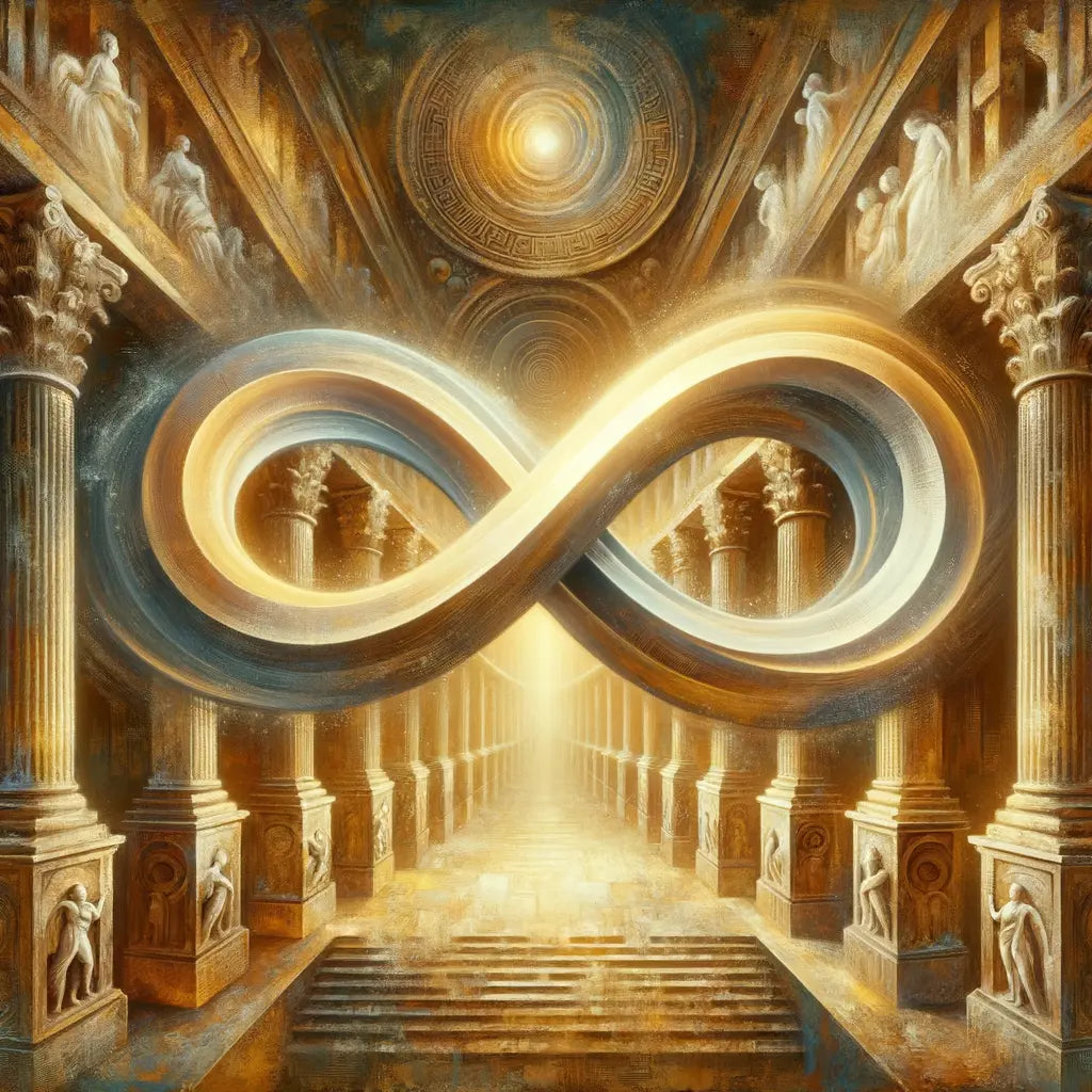 Infinity symbol intertwined with ancient Roman architecture, representing eternity, against a majestic historical backdrop.