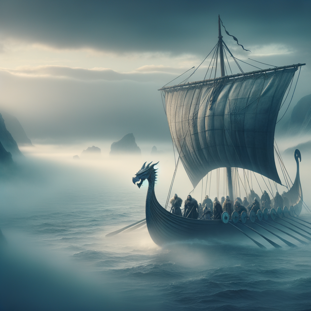 Viking longship sailing through misty seas, crewed by Viking warriors, capturing an epic and adventurous spirit.