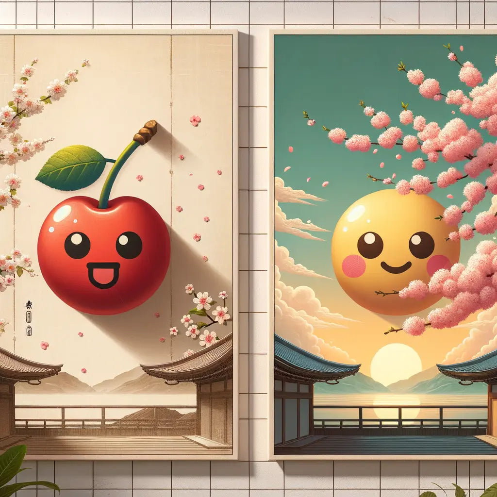 Ein digitales Kunstwerk zeigt einen Übergang von einem leuchtenden Kirsch-Emoji zu Kirschblüten unter einem sanften Frühlingshimmel, minimalistisch und harmonisch.