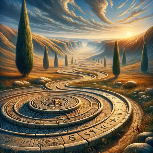 Tranquil Roman landscape with a winding path, symbolizing life's journey, featuring clock and compass motifs, in a 1960s historical epic style.