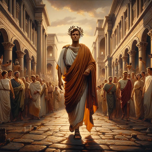 Julius Caesar walking among diverse ancient Roman citizens, framed by grand architecture, in the style of 1960s historical films.