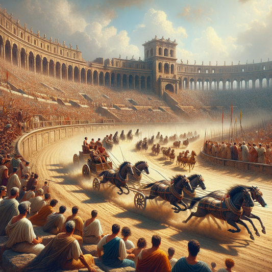 Chariot race at the Circus Maximus with roaring crowds and dramatic ancient Roman architecture, styled after classic 1960s historical films.
