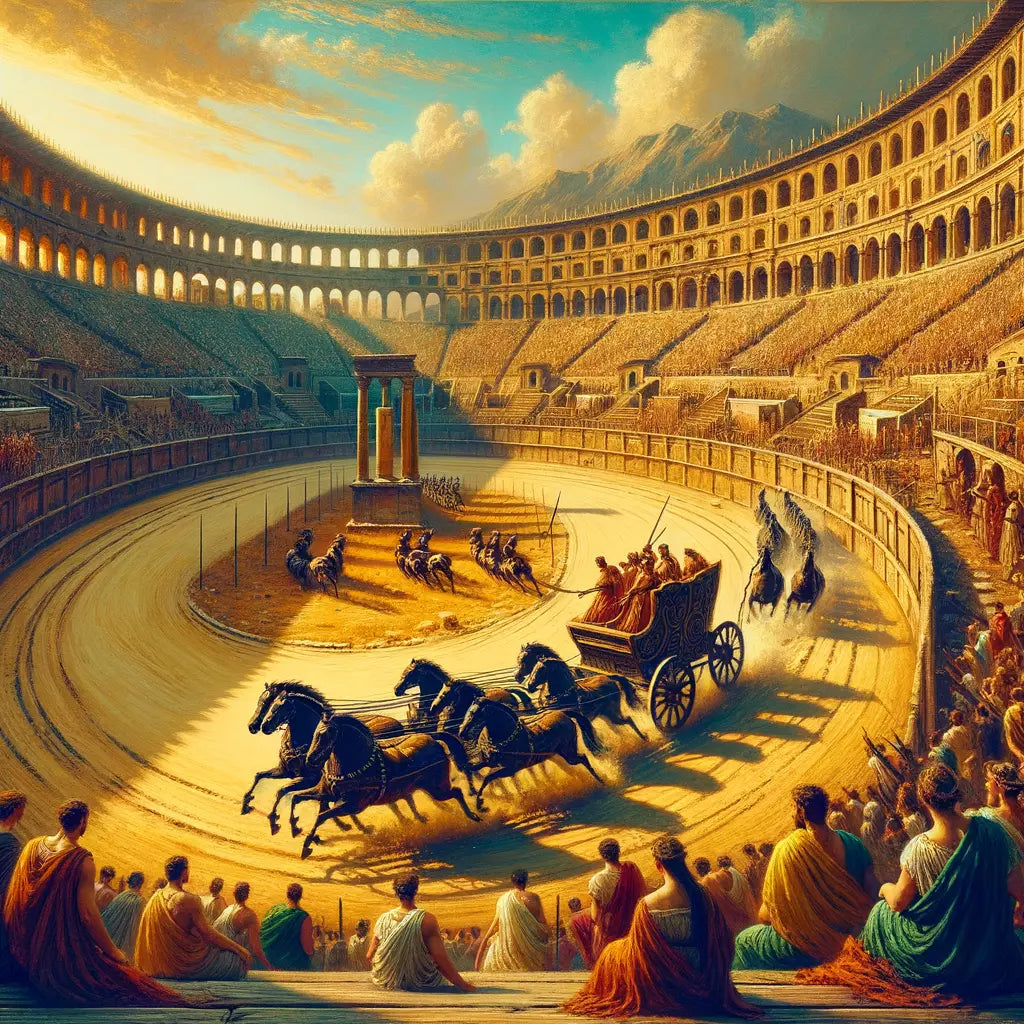 A historical painting depicting the Circus Maximus in ancient Rome, filled with a chariot race and theatrical performances, styled like a 1960s film epic.