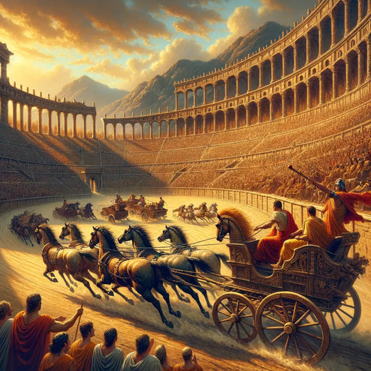 Chariots racing at the Circus Maximus with Roman spectators cheering in ancient attire, painted in a 1960s historical film style.