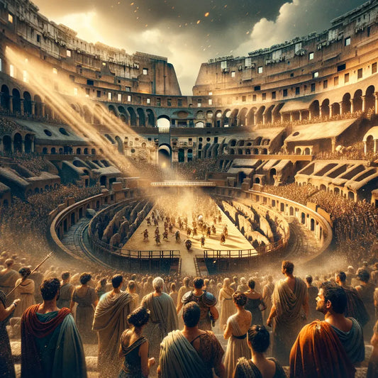 A vibrant scene in the Colosseum with gladiators and an eager crowd, modeled after 1960s historical epics.