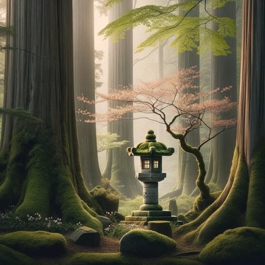 Eine japanische Waldfreifläche mit einem moosbedeckten Steinlaternen und einem blühenden Kirschzweig bei Morgendämmerung, minimalistisch und harmonisch.