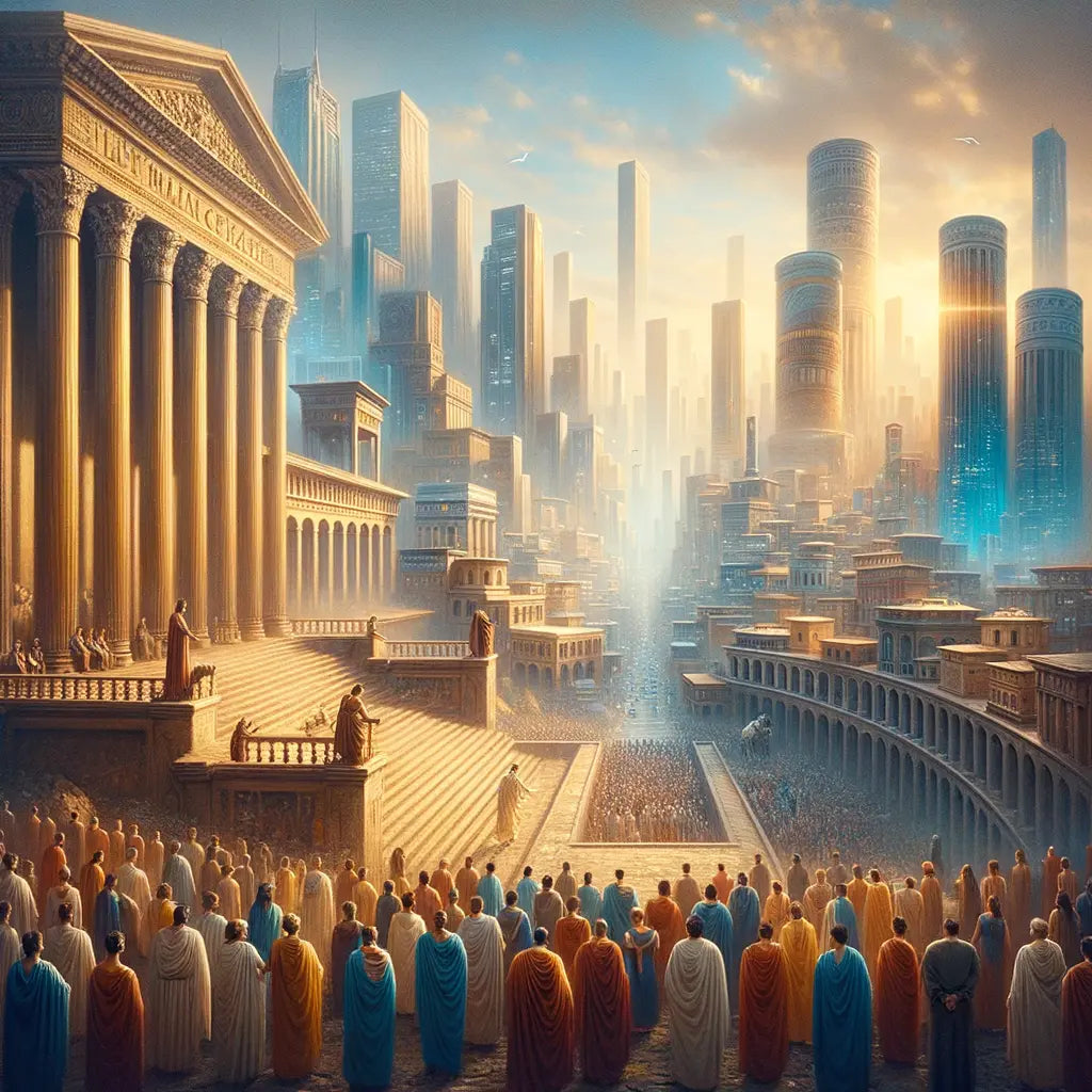 Roman arches and modern skyscrapers blend in a cityscape, with figures in togas and modern attire, symbolizing Roman influence on contemporary civilization, in a cinematic 1960s style.