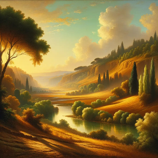 A serene Roman countryside landscape, epitomizing Stoic philosophy, with trees and a river softly illuminated by warm sunlight, in a style reflecting 1960s historical epics.