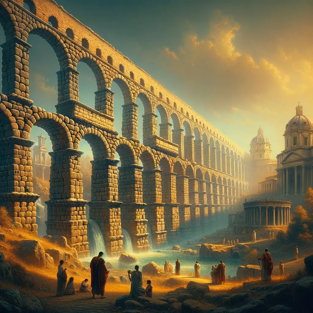 Illustration of the Aqua Virgo aqueduct with ancient Roman architecture, highlighting its engineering mastery in a style reminiscent of 1960s historical films.