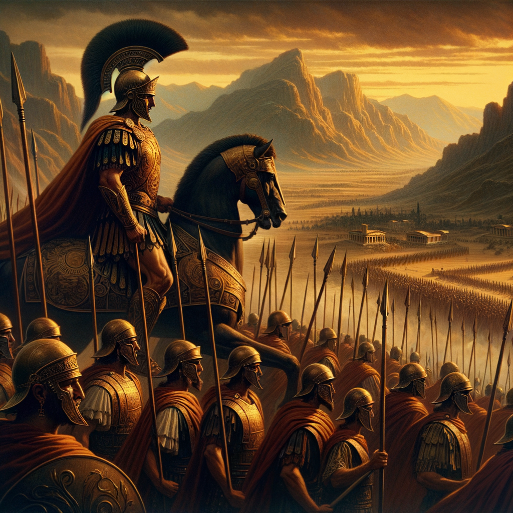 Alexander the Great leads his Macedonian army in phalanx formation, showcasing his military brilliance in a cinematic style reminiscent of 1960s historical epics.