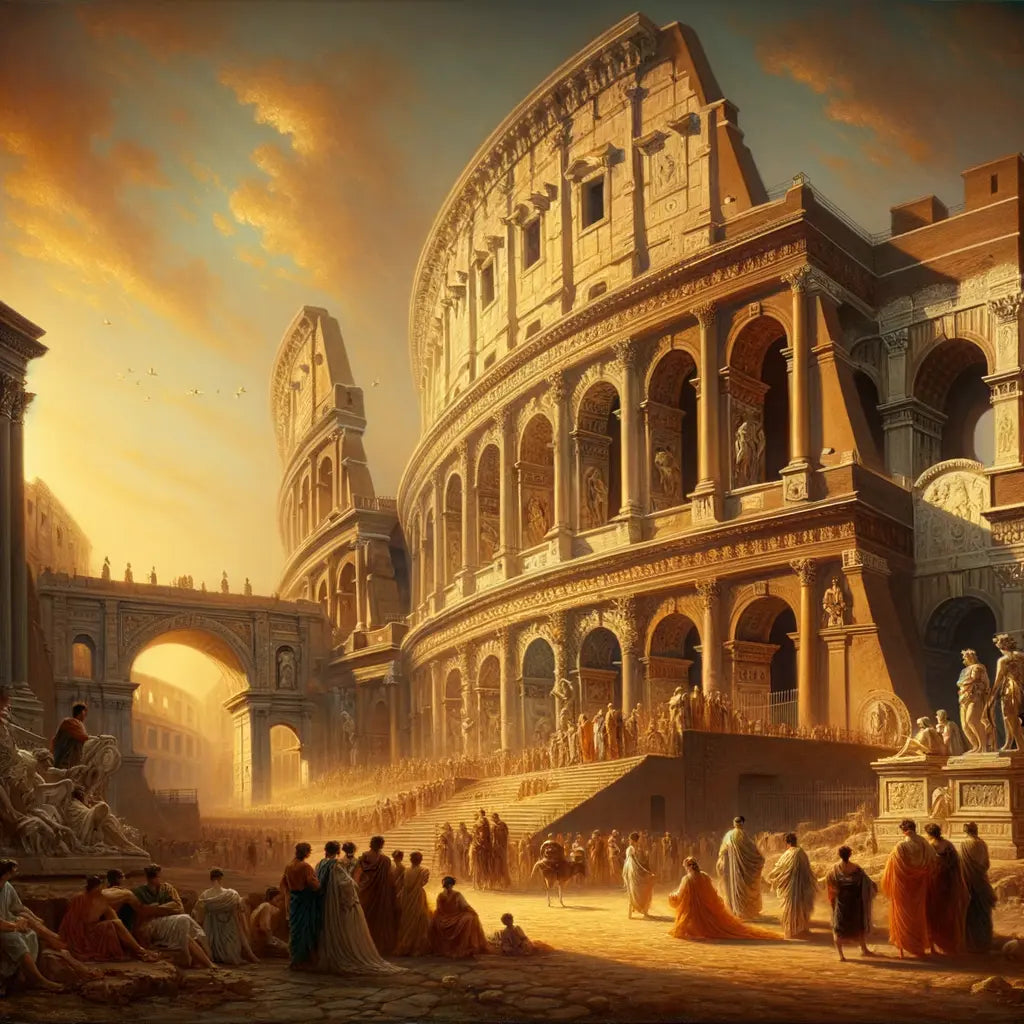 Roman art and architecture scene featuring the Colosseum, sculptures, and mosaics, styled like a 1960s historical epic film.