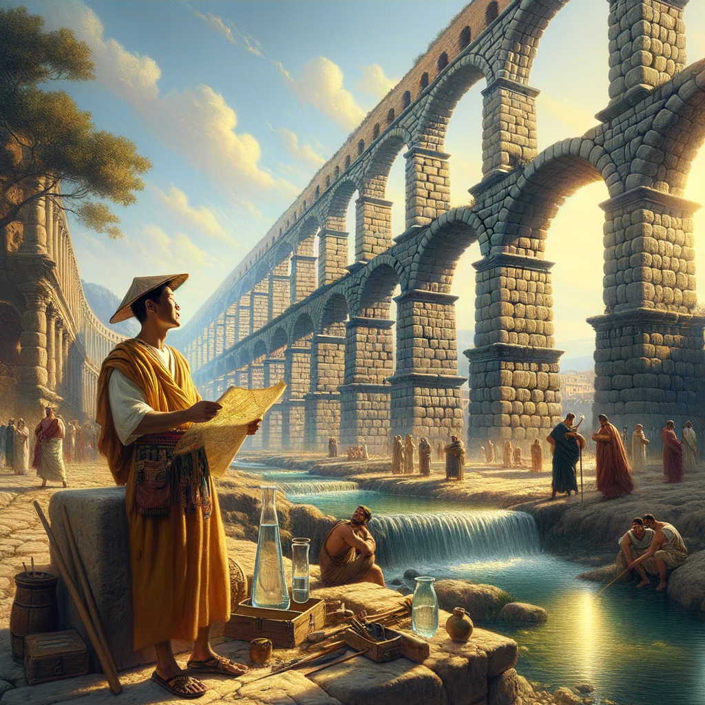 Roman engineer beside Aqua Virgo aqueduct with flowing water, in the style of 1960s historical epics.
