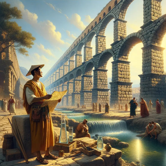 Roman engineer beside Aqua Virgo aqueduct with flowing water, in the style of 1960s historical epics.