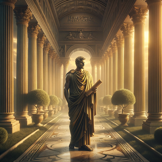 Marcus Aurelius, in a toga, holding a scroll in a serene Roman garden, surrounded by symbols of Stoic philosophy, in the style of classic 1960s historical films.