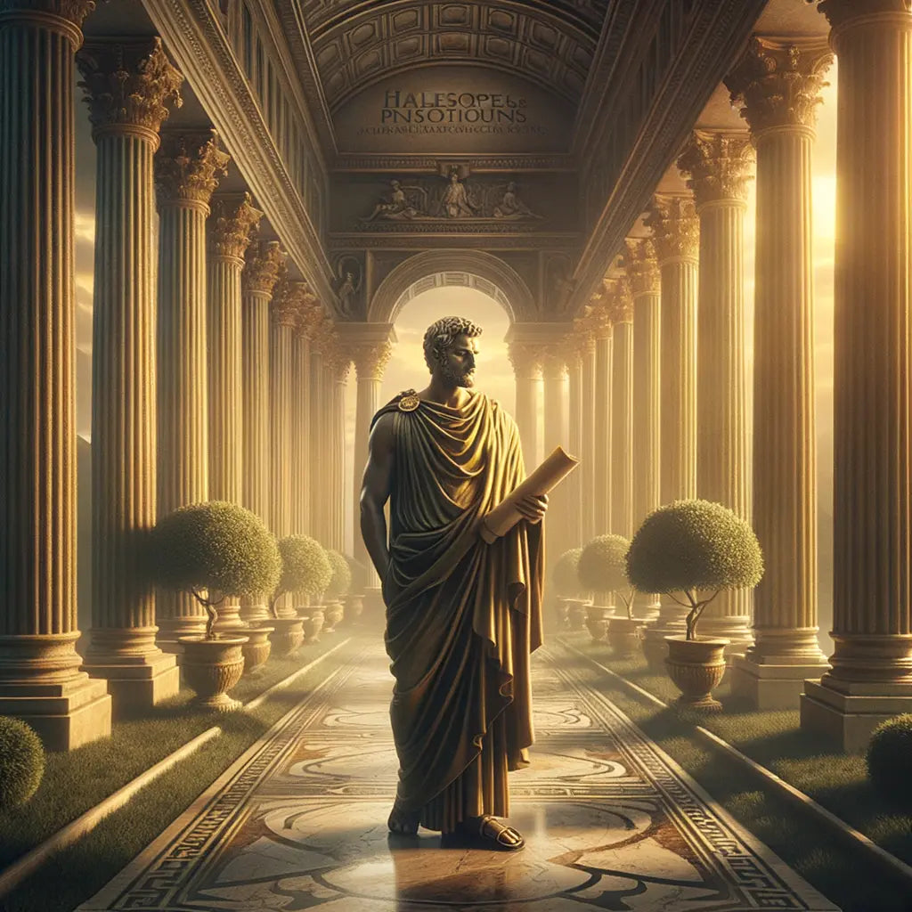 Marcus Aurelius, in a toga, holding a scroll in a serene Roman garden, surrounded by symbols of Stoic philosophy, in the style of classic 1960s historical films.