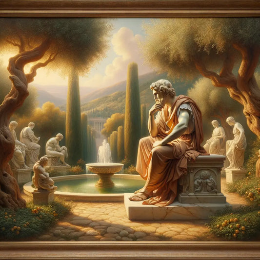 Roman philosopher in a toga seated in a tranquil garden with statues and a fountain, symbolizing wisdom and peace, in a style inspired by 1960s historical films.